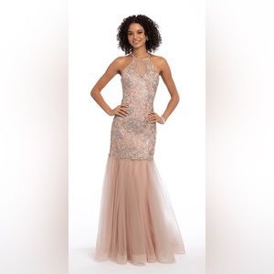 Camille La Vie: Halter Floral Embroidered Tulle Mermaid Dress